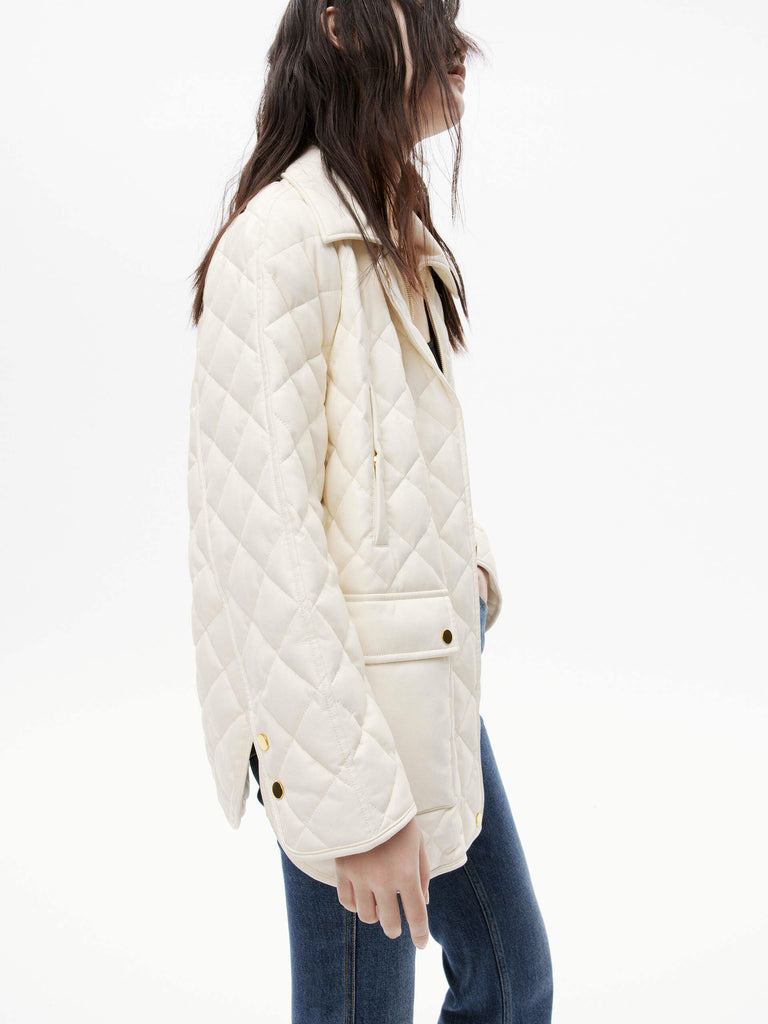 MO&Co. Women's Beige Vegan Faux Leather Loose Quilted Jacket