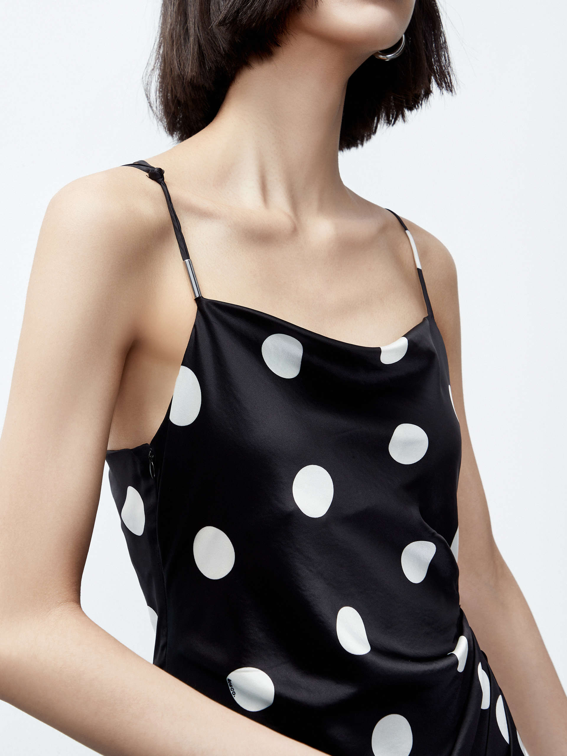 MO&Co. Women's Silk Blend Pleated Cami Dress in Black and White Polka Dot