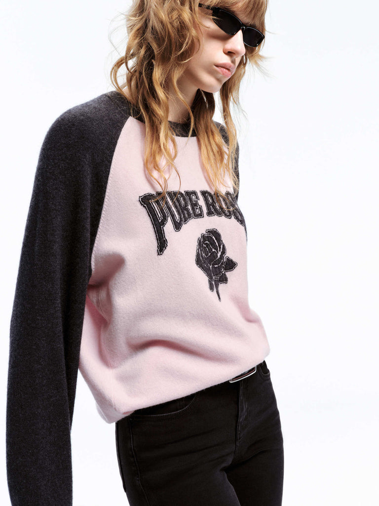 MO&Co. Women's Rose Letter Pattern Wool Cashmere Sweater Jumper Pink with Grey Raglan Sleeves