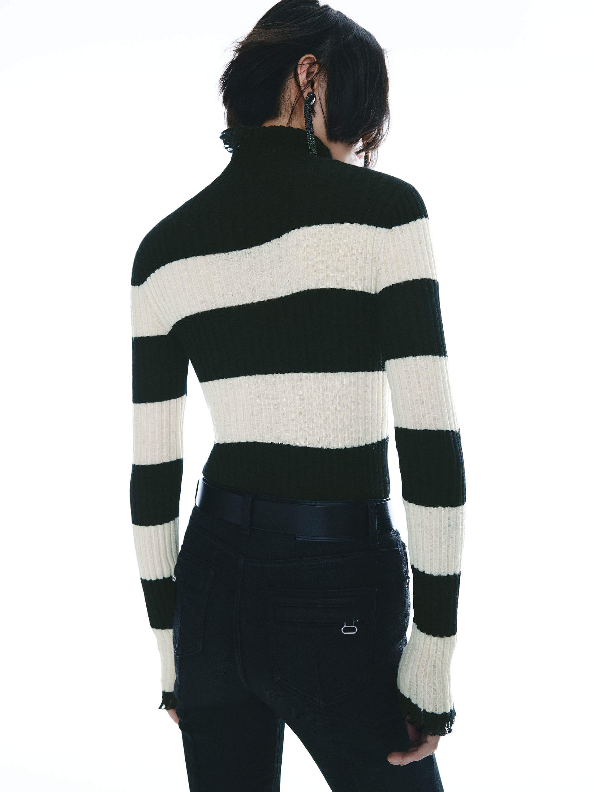 MO&Co. Noir Women's Include Mohair Wool Turtleneck Striped Top with Raw Neckline, cuffs and Hem