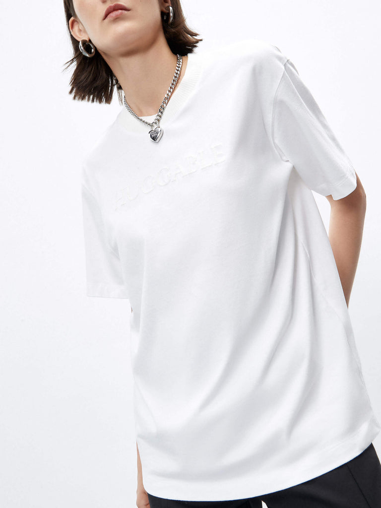 MO&Co. Women's Regular Fit Crew Neck 100 Cotton T-shirt with Embroidery Details in White