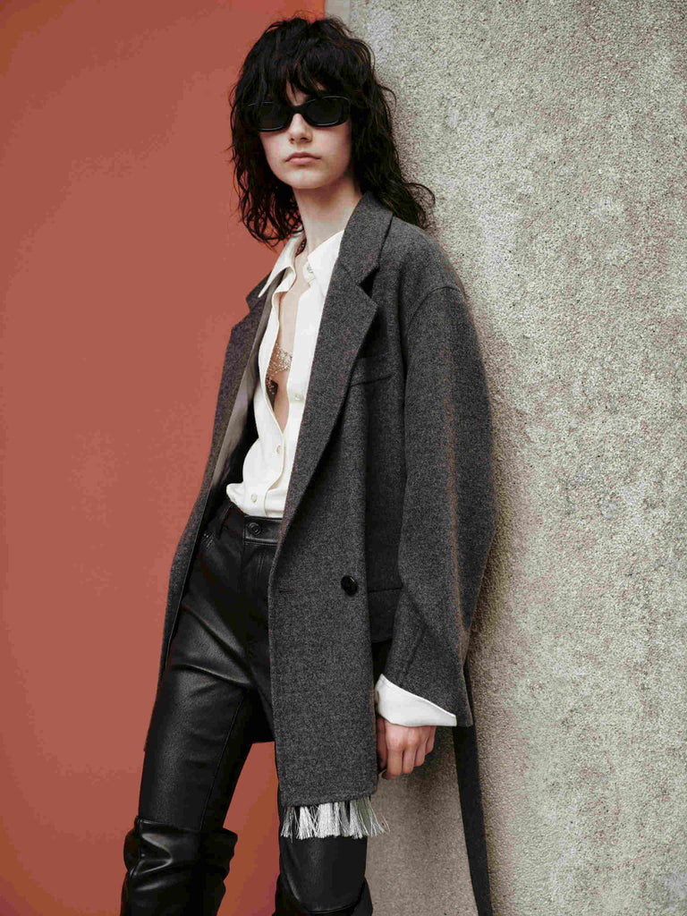 MO&Co. Women's Brown Wool Structured Blazer Coat with Belt Autumn