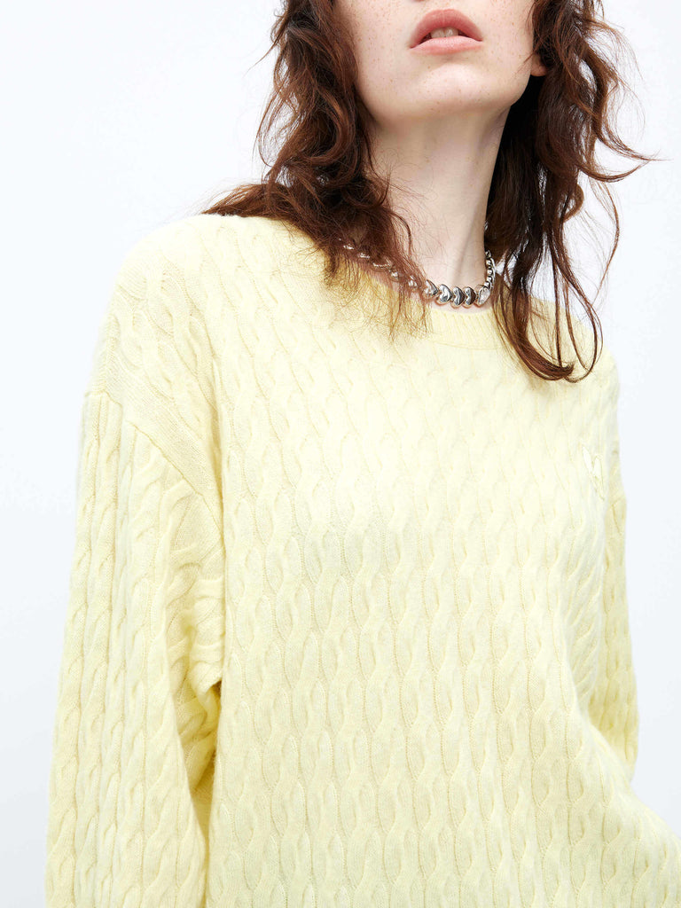 MO&Co. Women's Cable Texture Knit Wool and Cashmere Pullover Sweater in Yellow