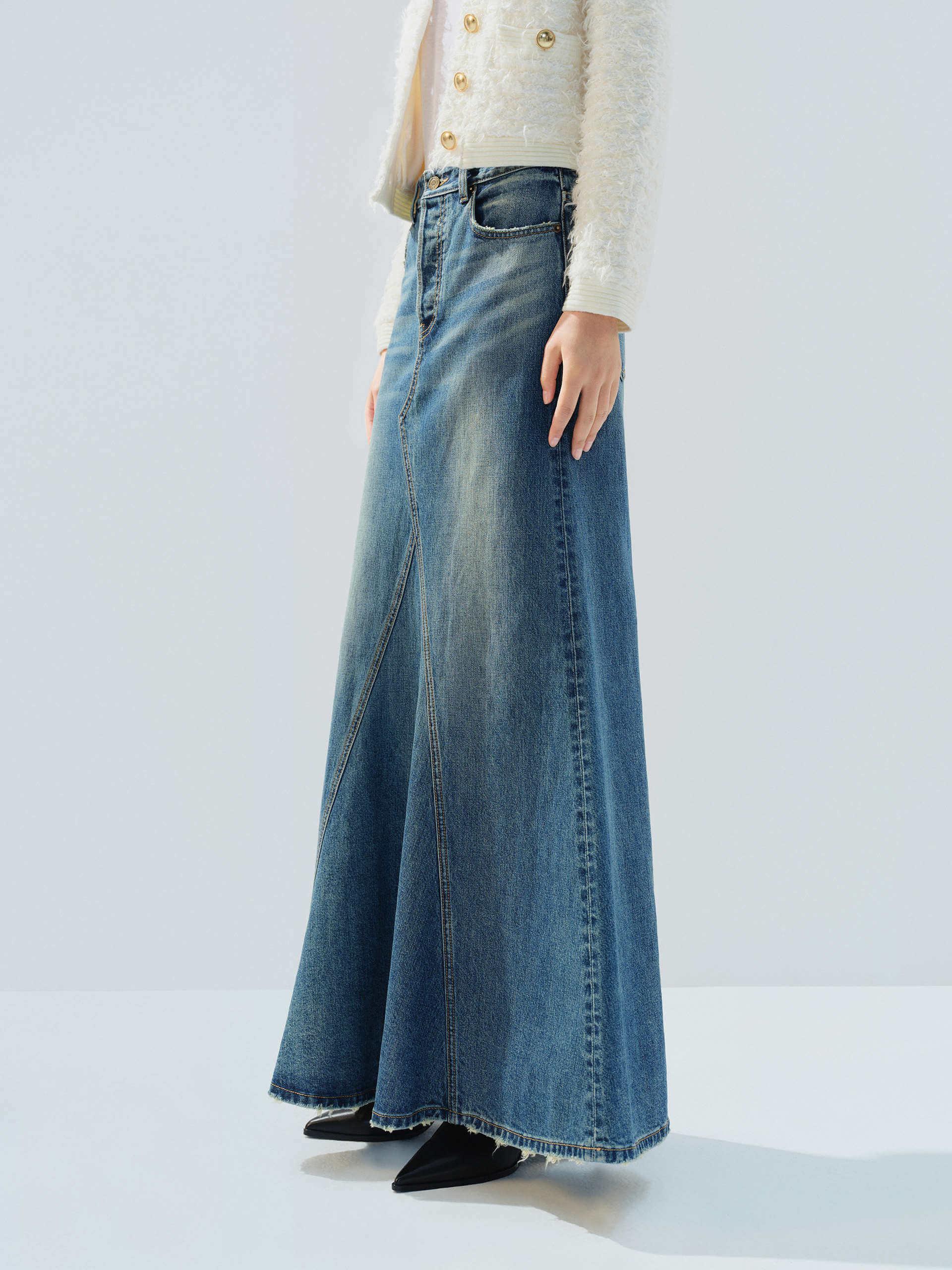 MO&Co. Noir Women's Pure Cotton A-line Paneled Denim Maxi Skirt Blue