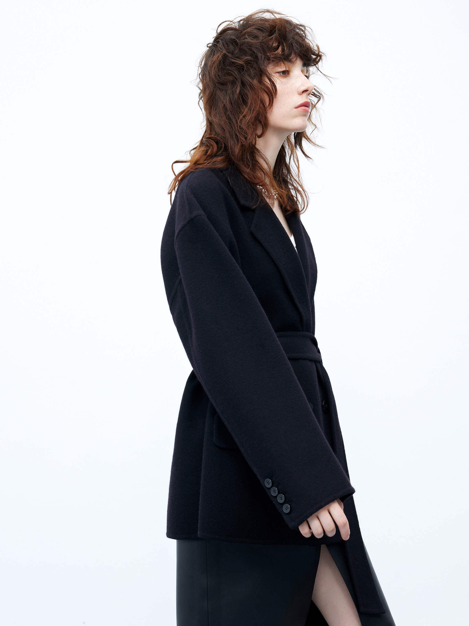 MO&Co. Women's Black Wool Structured Blazer Coat with Belt Autumn