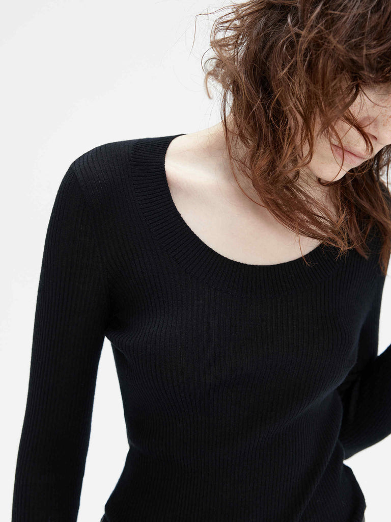 MO&Co. Women's Merino Fine Rib Knit Top Long Sleeves in Black