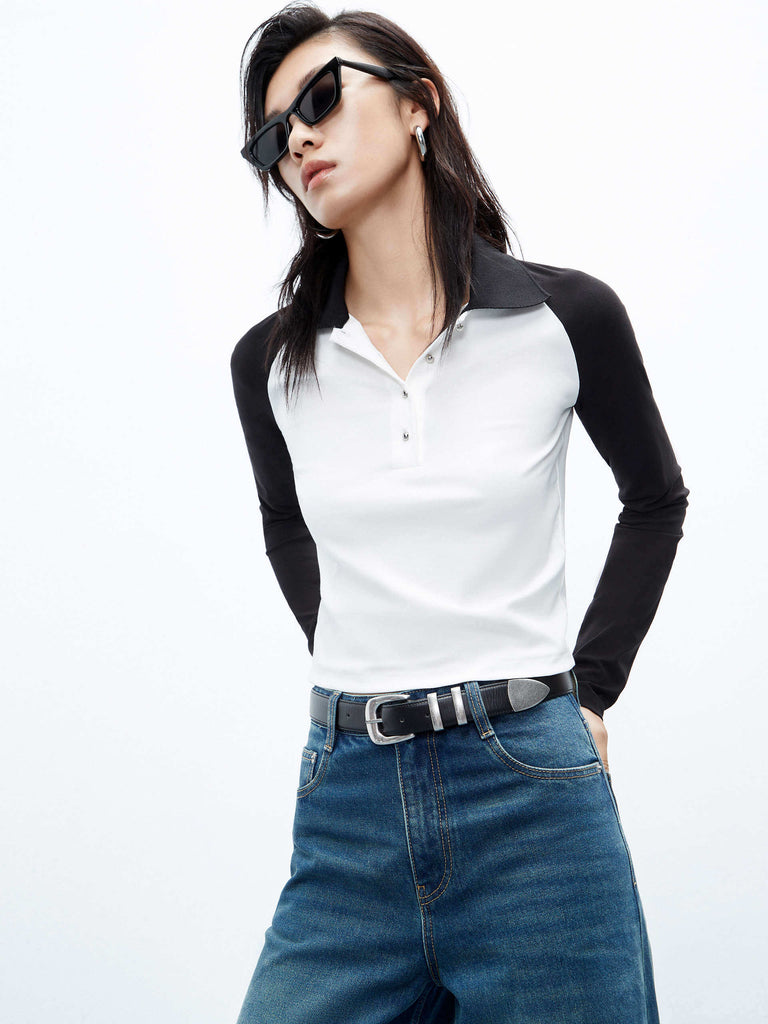 MO&Co. Women's Cotton Blend Contrasting Long Raglan Sleeve Slim T-Shirt