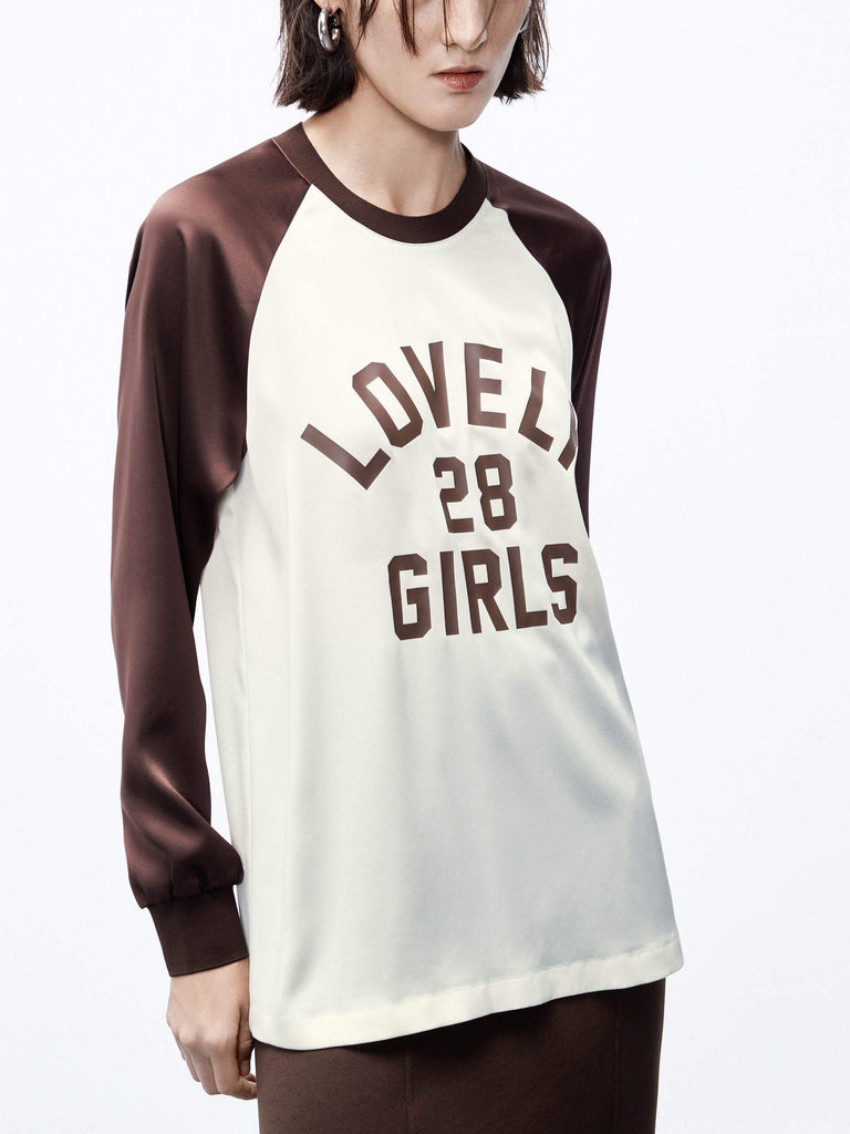 MO&Co. Women's Two Tone Raglan Sleeve Letter Print Top in Brown and Beige