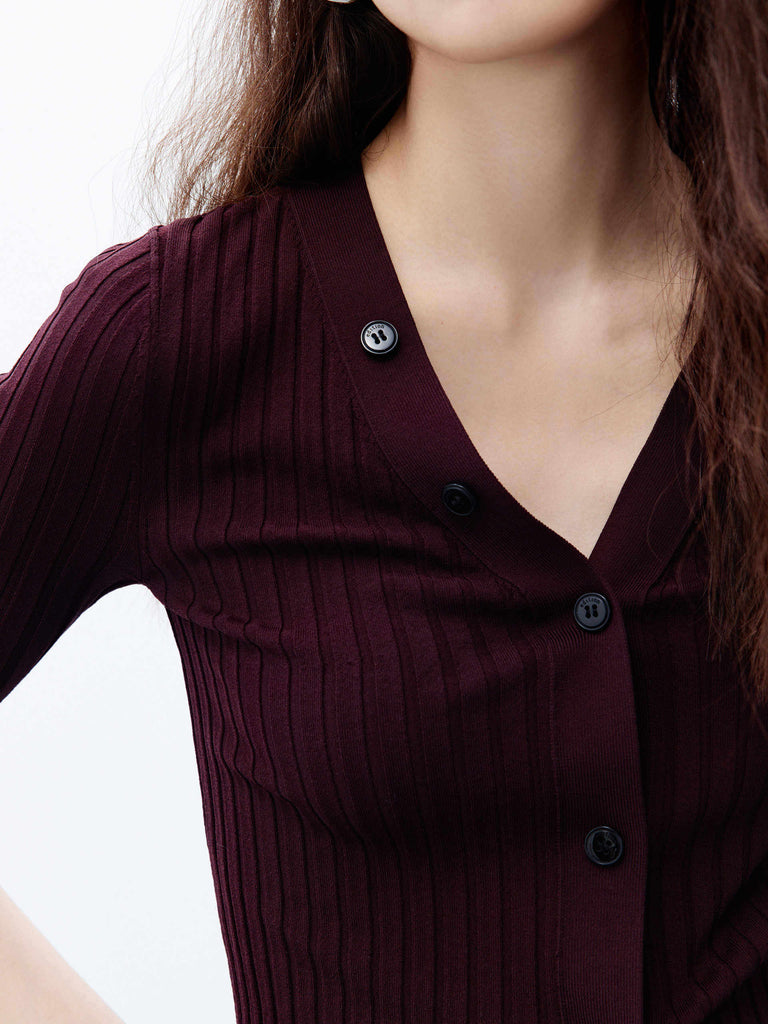 MO&Co. Women's Burgundy Short Sleeves Fitted Ribbed Knit Cardigan