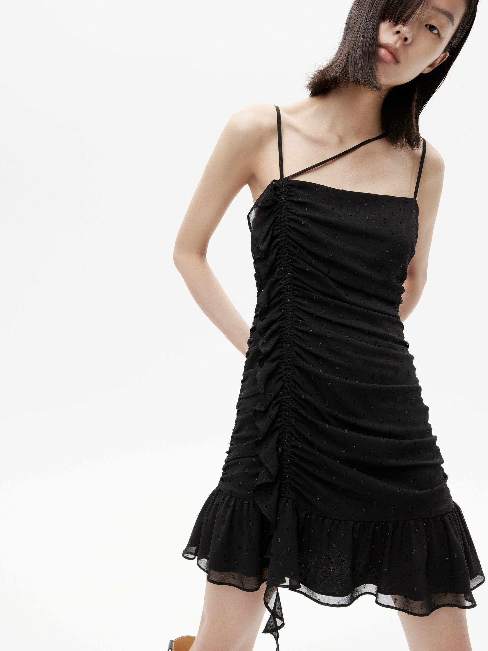 MO&Co. Women's Black Pleated Detail Ruffle Cami Dress in Mini Length