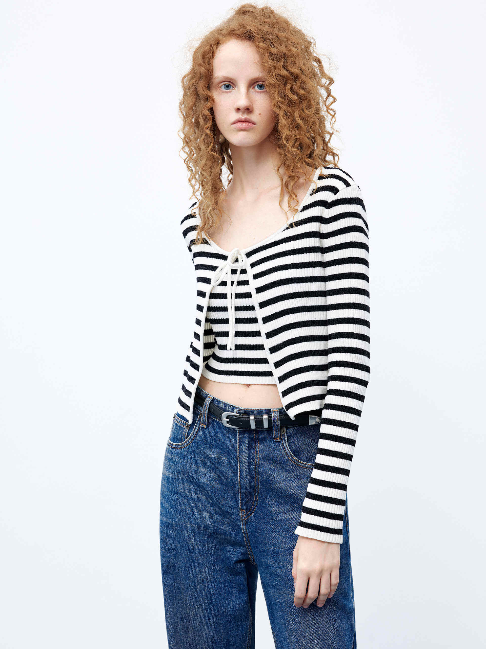 MO&Co. Women's Striped Crop Cardigan Set with Spaghetti Tank Top