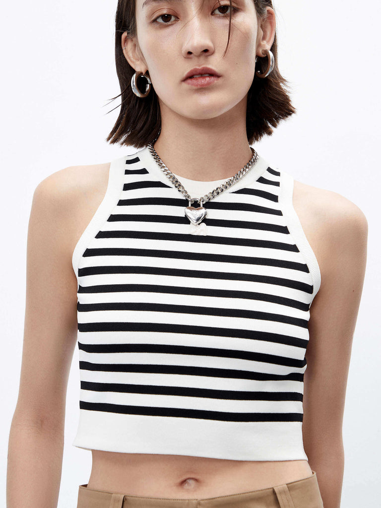 MO&Co. Women's Black and White Striped Crop Ribbed Tank Top