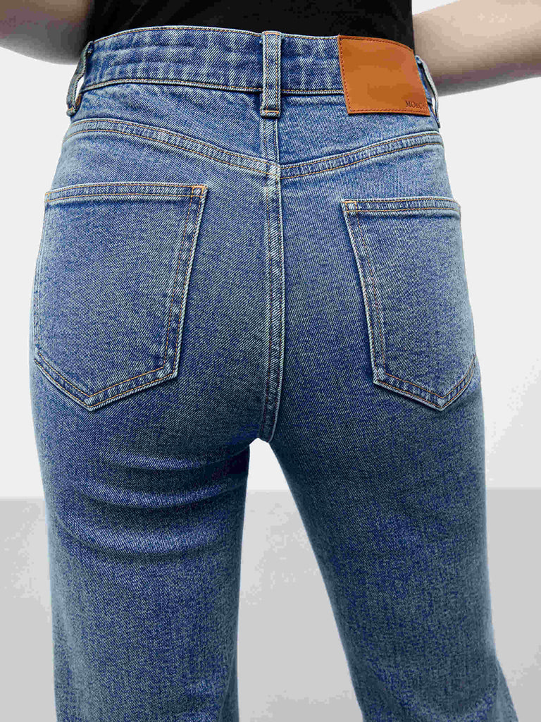 MO&Co. Women's Blue High Rise Straight Leg Raw Hem Jeans