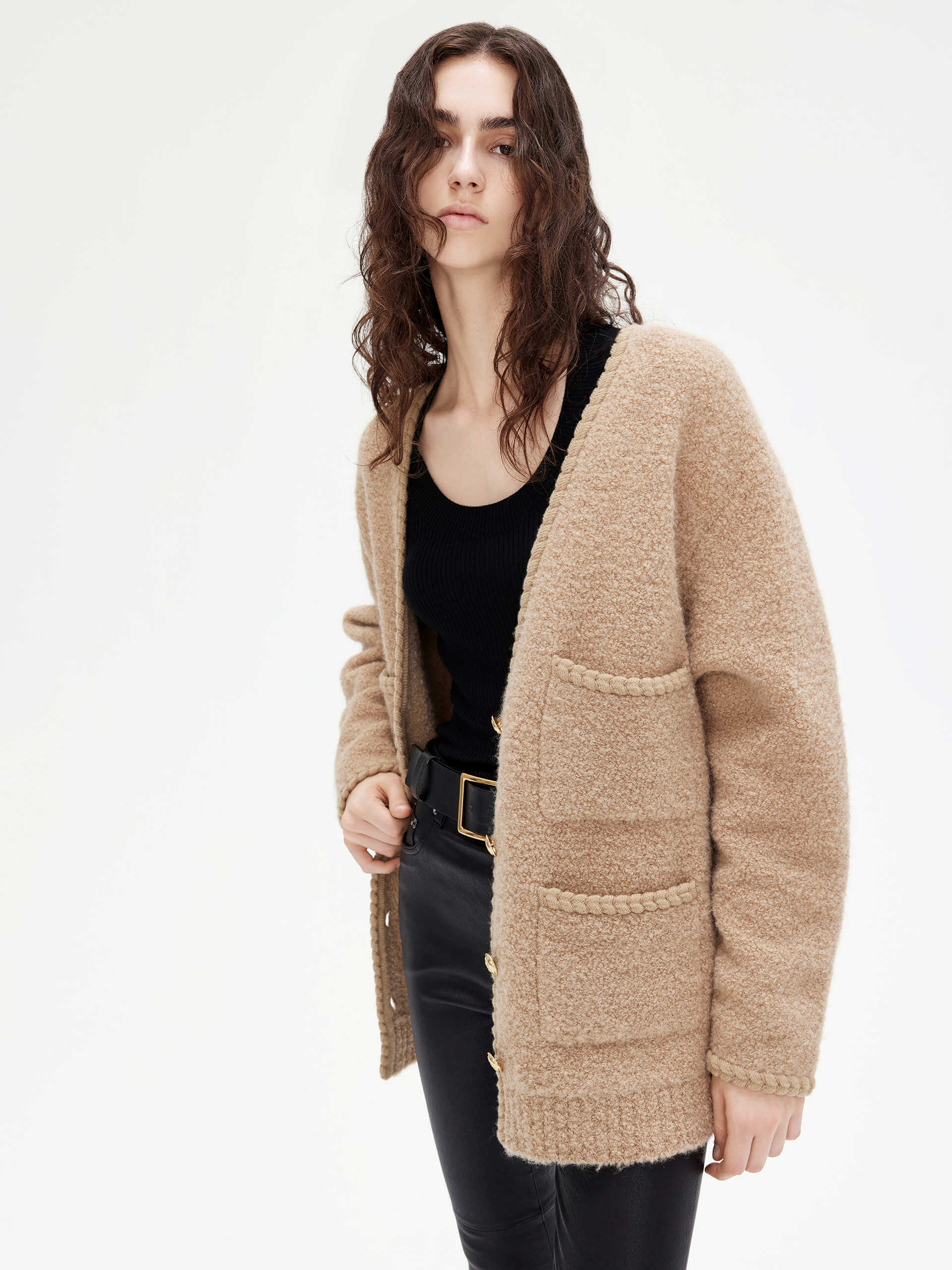 MO&Co. Women's Boucle Loose Fit V Neck Premium Alpaca & Wool Knitted Cardigan in Camel