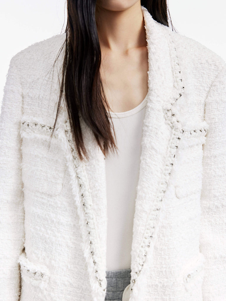MO&Co. Women's Chain Embellished Metallic Tweed Jacket White