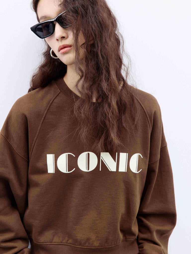MO&Co. Women's “ICONIC” Letter Print 100 Cotton Casual Sweatshirt Relaxed in Brown