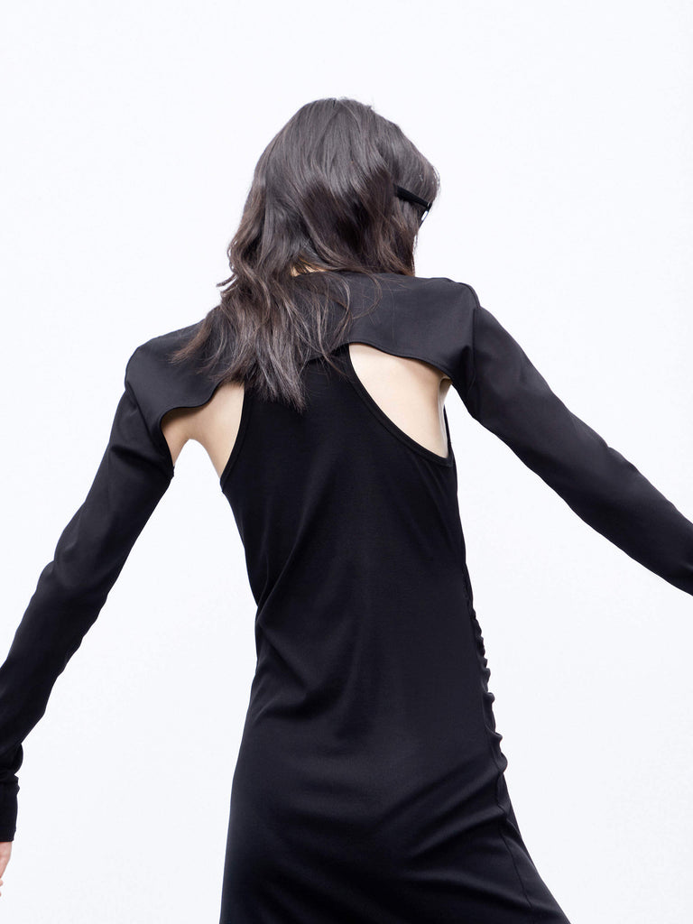 MO&Co. Women's Pleated Side Midi Dress and Long Sleeves Bolero Set in Black