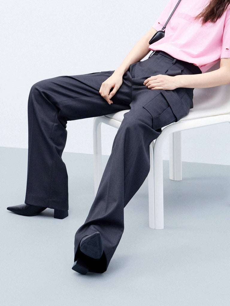 MO&Co. Women's Wool Blend Wide Leg Cargo Trousers in Grey