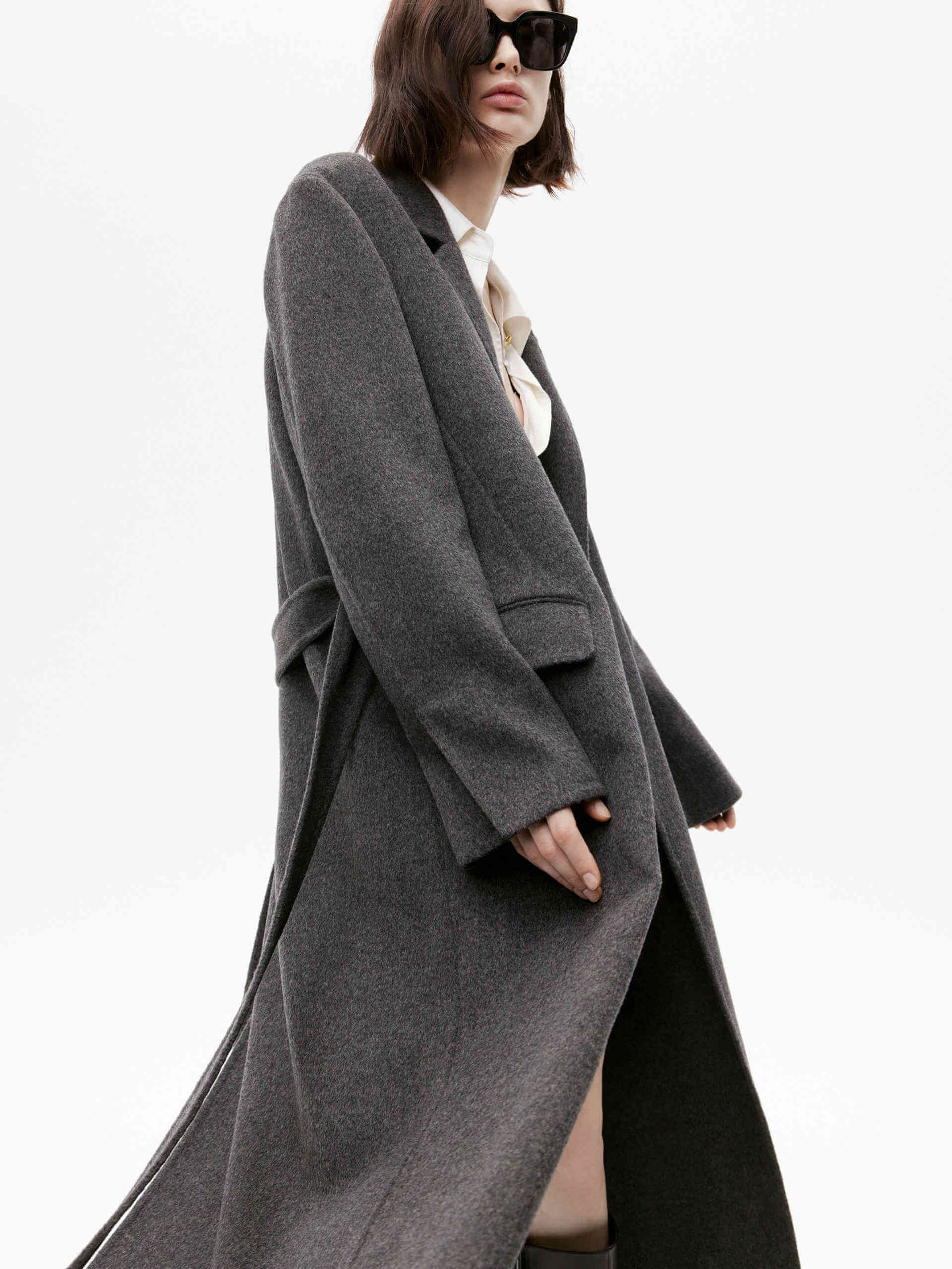 MO&Co. Women's Dark Grey Belted Double Faced Wool Long Coat