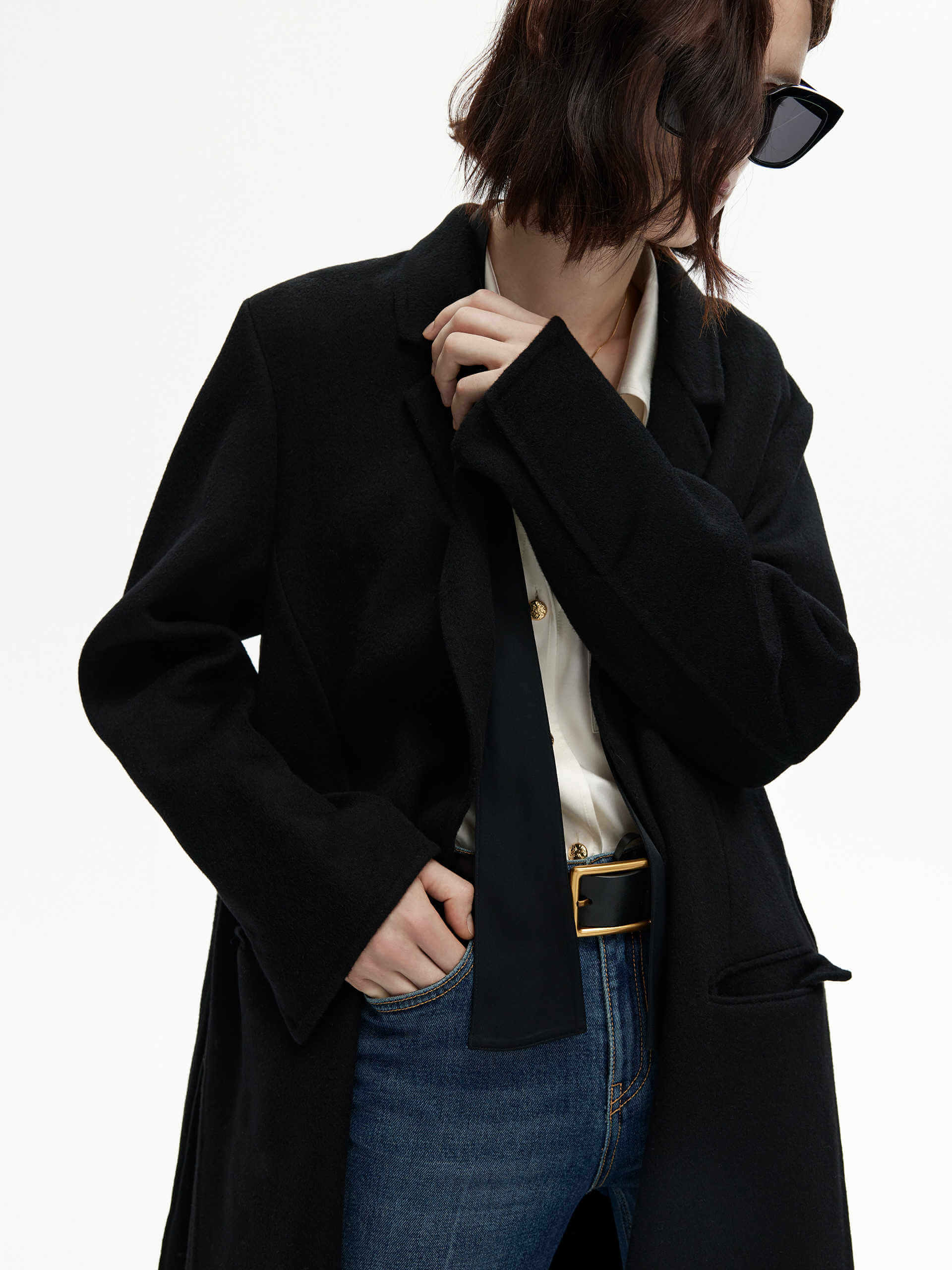 MO&Co. Women's Black Belted Double Faced Wool Long Coat 