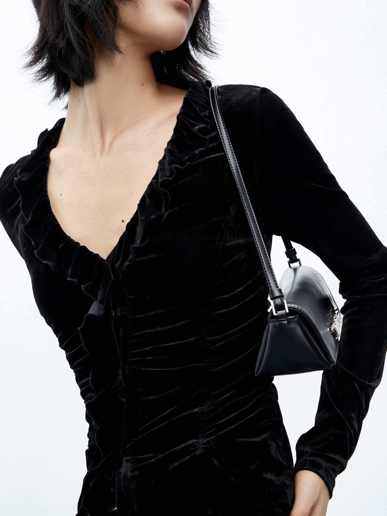 MO&Co. Women's V Neck Long Sleeve Slim Ruffle Velvet Top in Black 