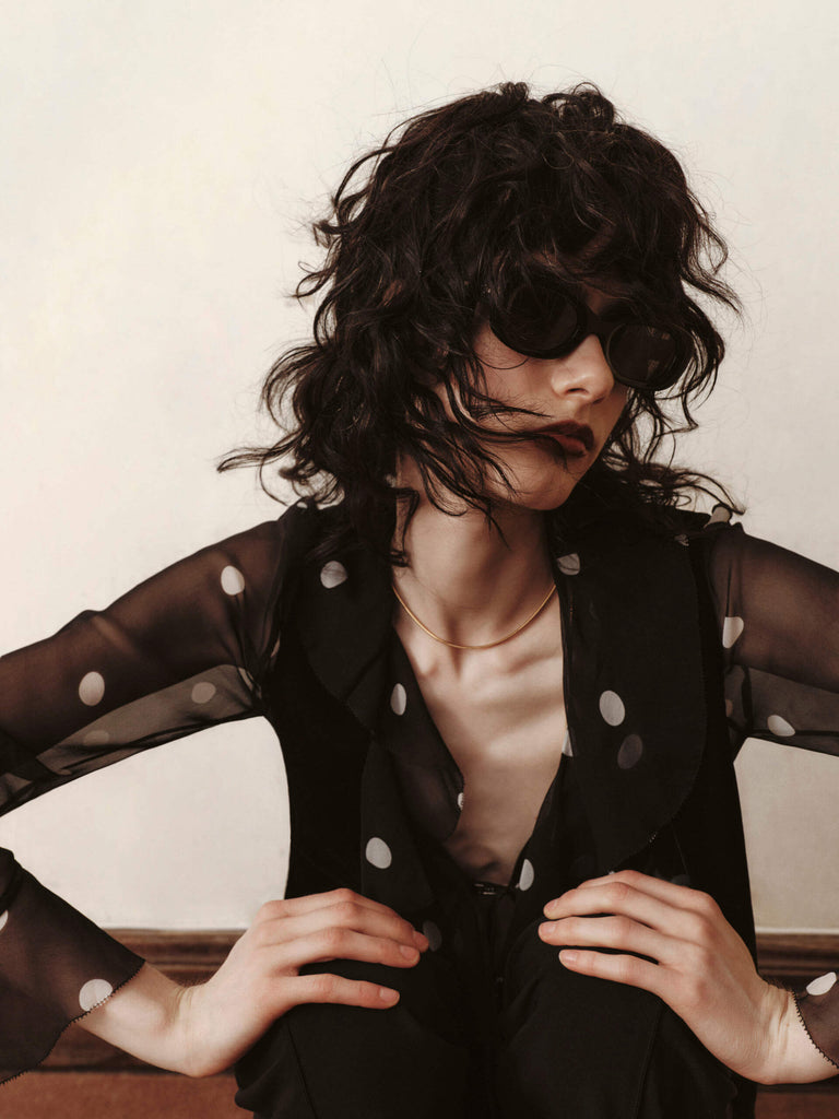 MO&Co. Women's Polka Dot Ruffle Detail Blouse in Sheer Black