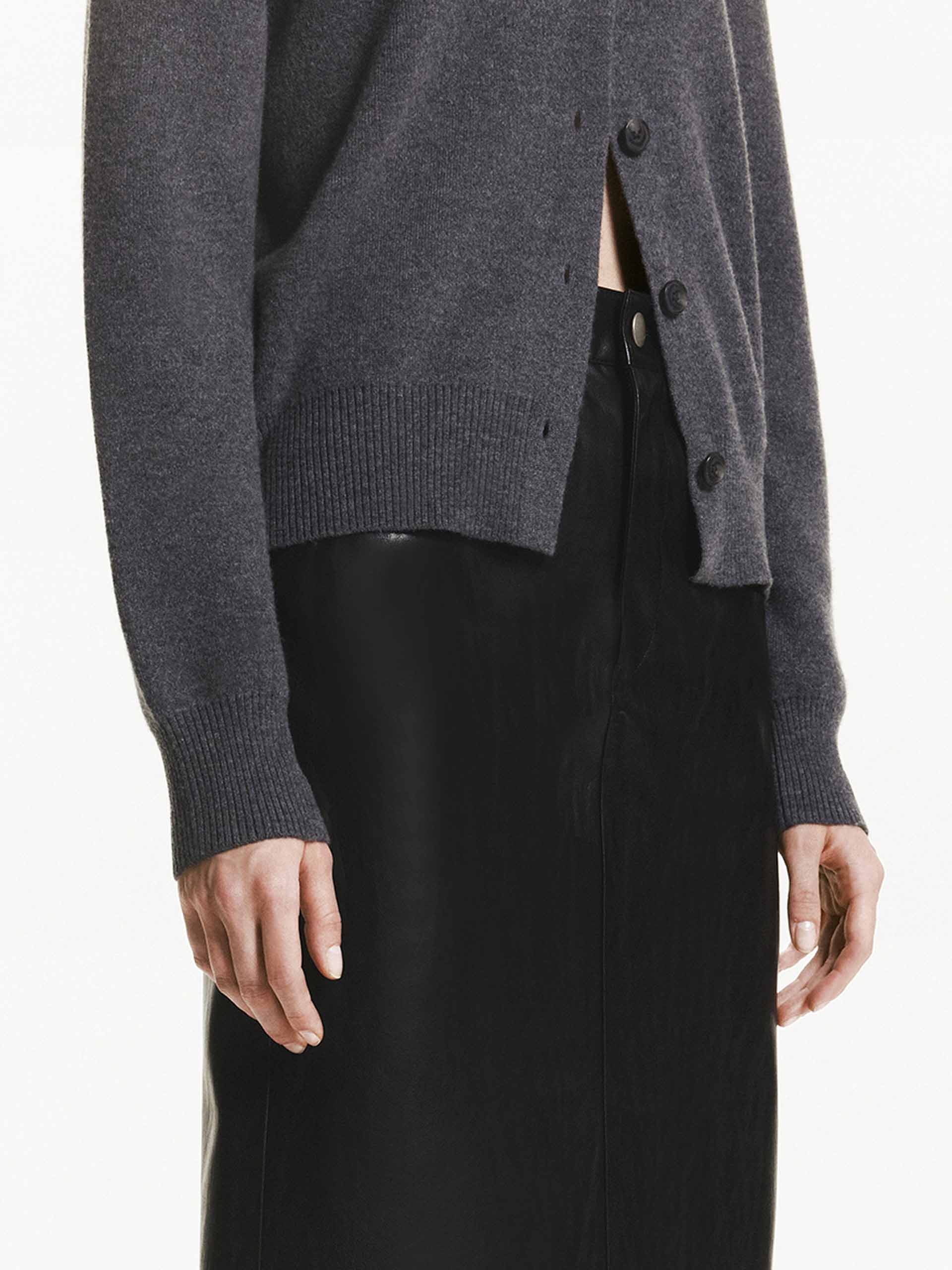 MO&Co. Women's Wool Cashmere Cardigan in Grey with Contrast Shirt Collar 