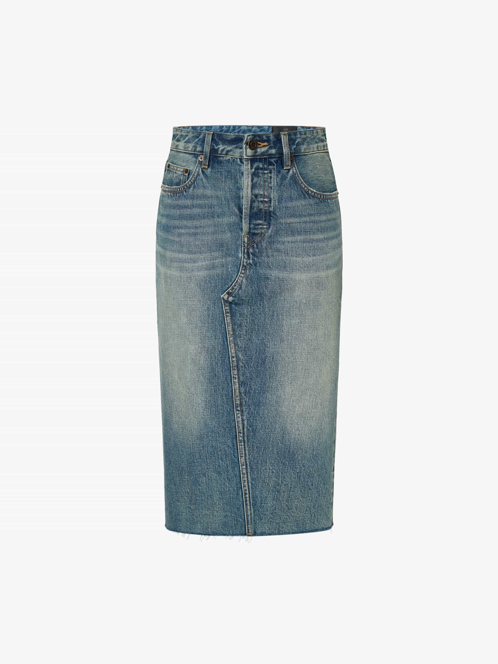 MO&Co. Noir Women's Back Slit Vintage Washed Midi Denim Skirt in Blue