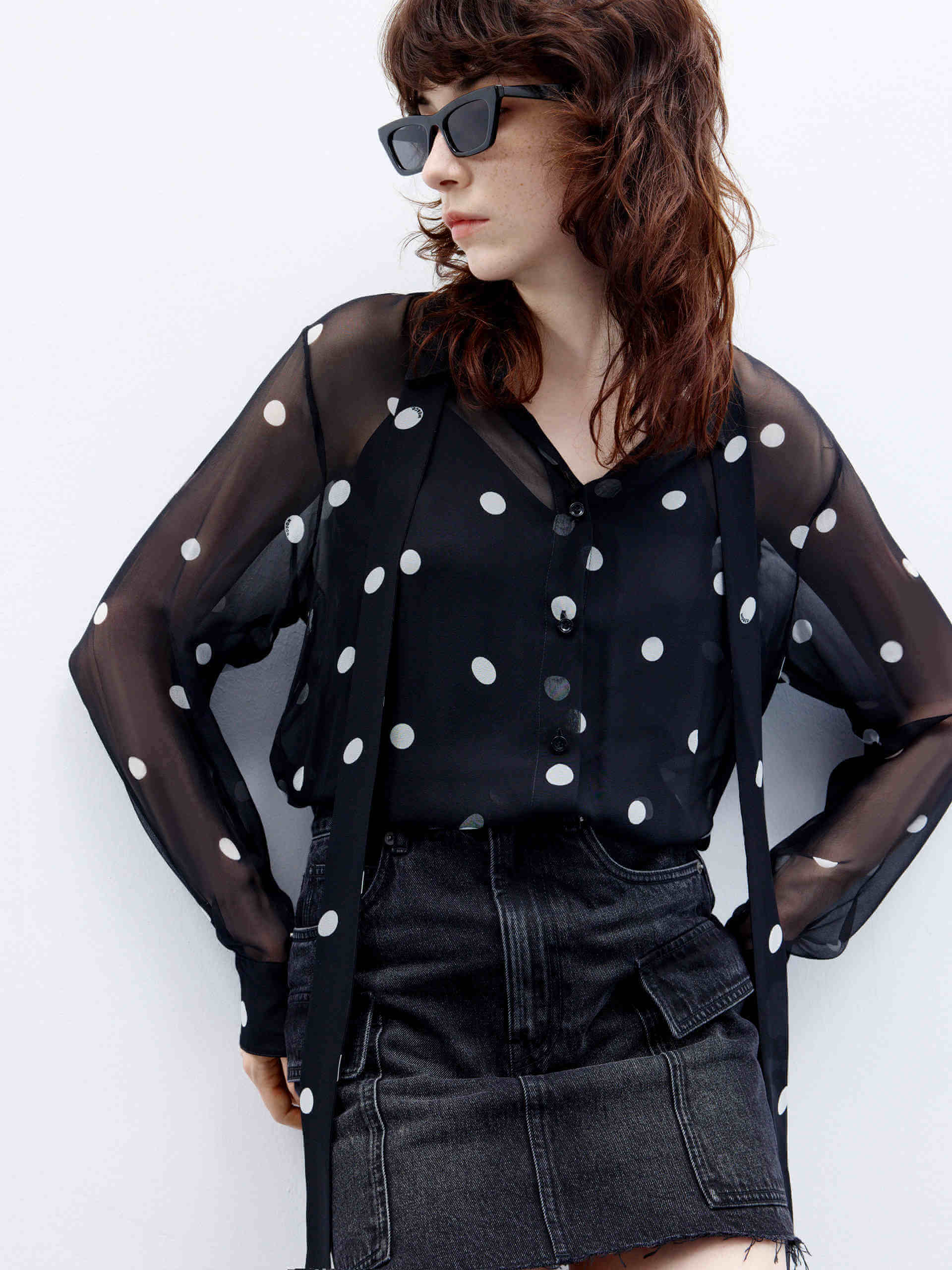 MO&Co. Women's Tie Detail Polka Dot Sheer Blouse in Black