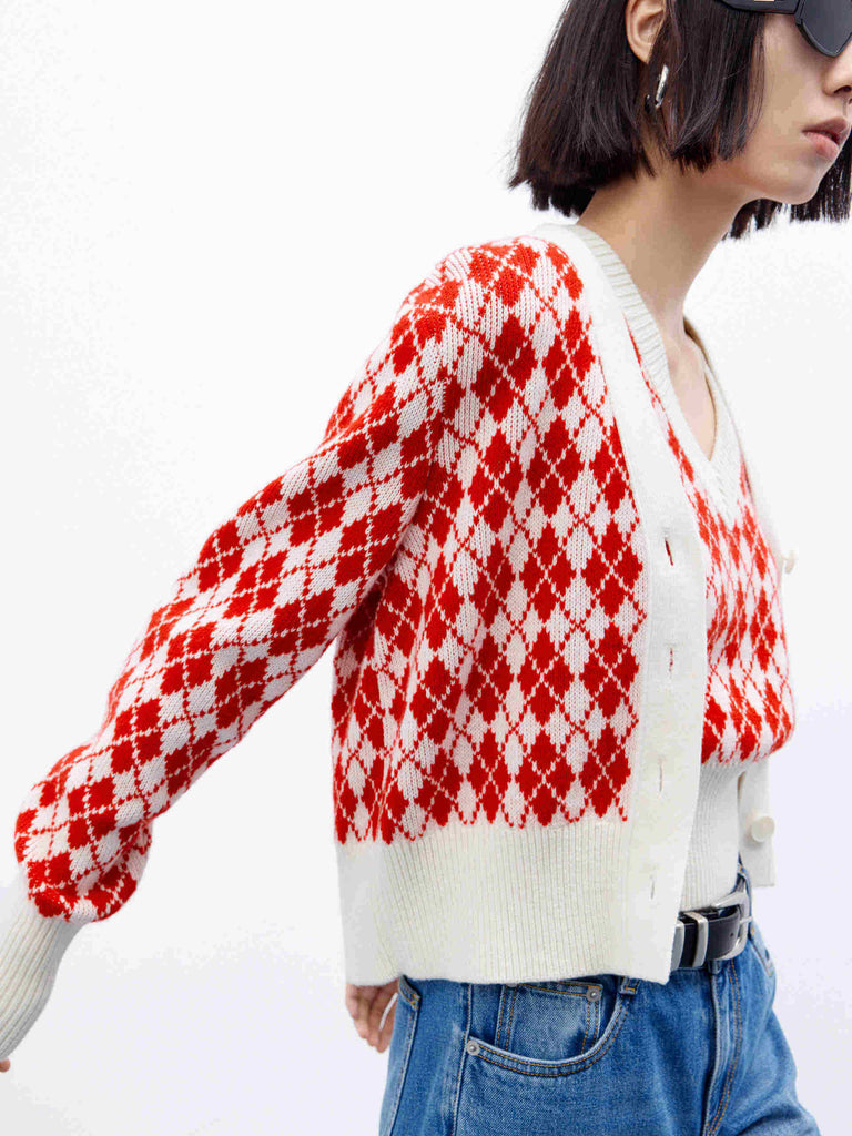 MO&Co. Women's Argyle Checkered Wool Blend Cropped Knit Cardigan in Red and White