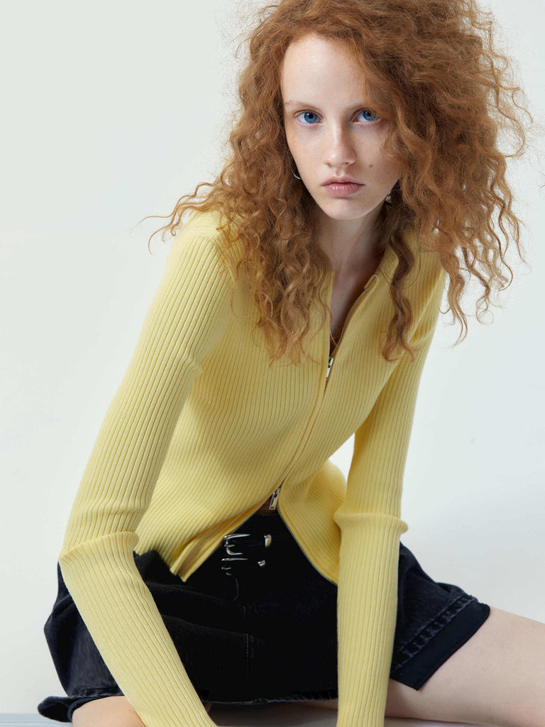 MO&Co. Women's Yellow Ribbed Slim Fit Long Sleeves Zip-upCardigan