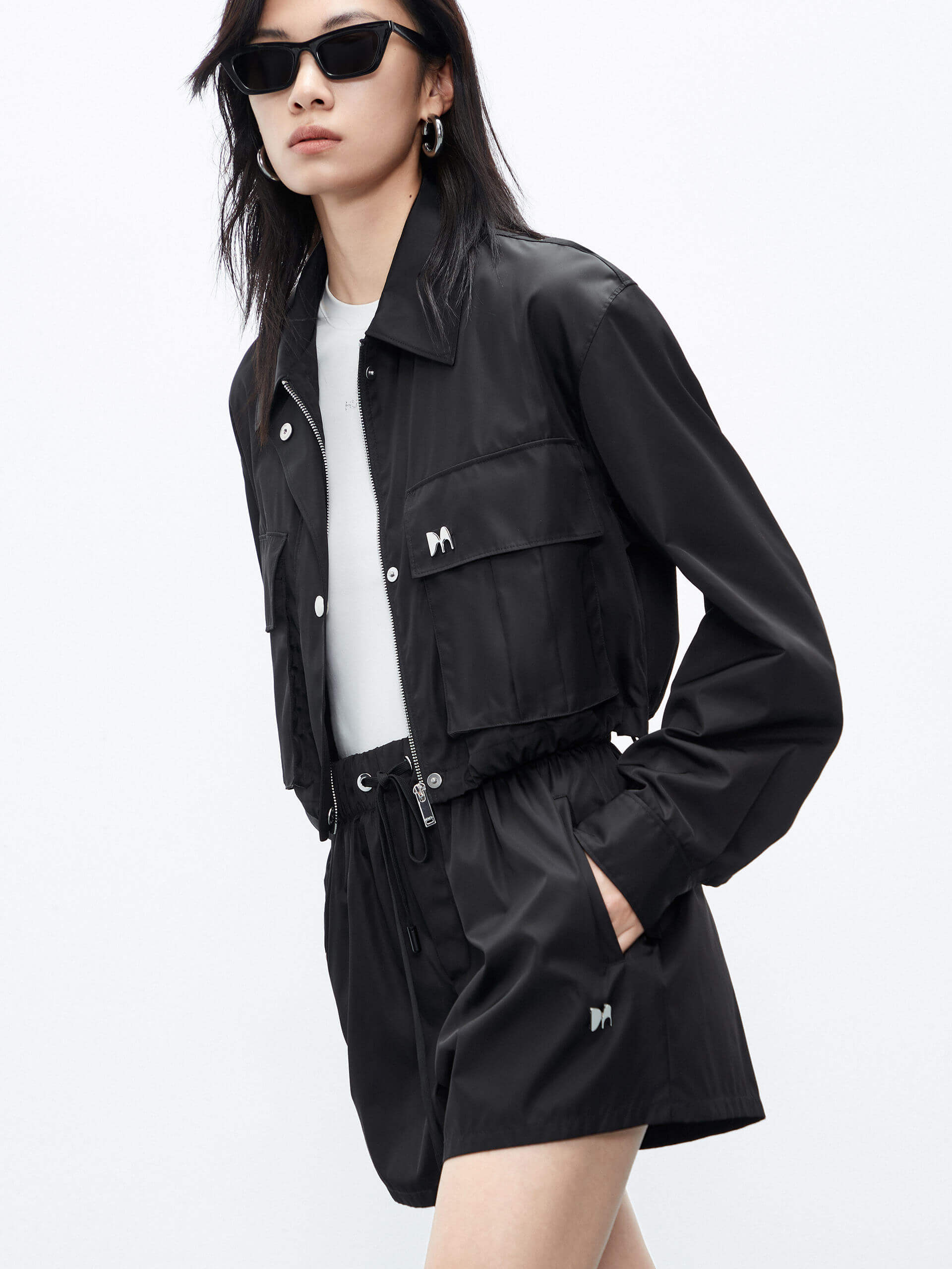 MO&Co. Women's Black Flat Pocket Drawstring Hem Crop Jacket