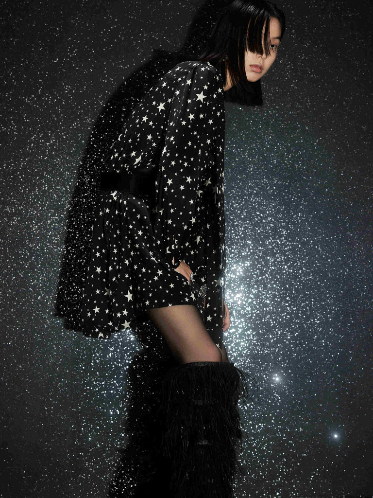 MO&Co. Women's Silk Blend Star Pattern Mini Dress in Black