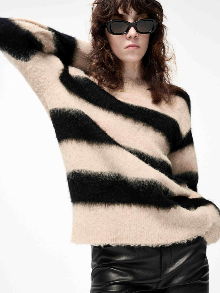 MO&Co. Women's Loose Striped Fluffy Knit Sweater Alpaca Fleece Blend in Camel and Black