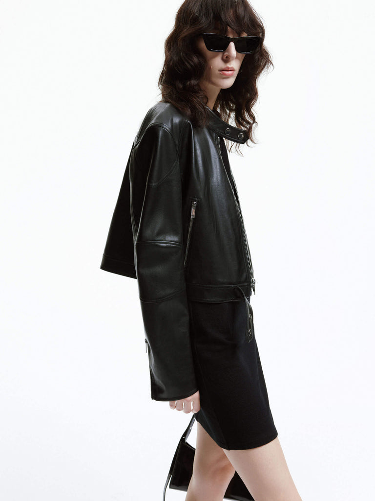 MO&Co. Women's Cropped Faux Leather Biker Jacket Black