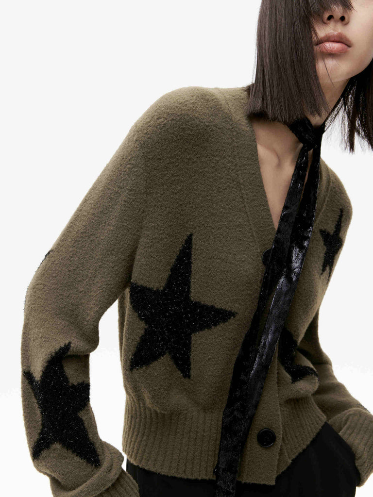 MO&Co. Women's Black Star Pattern V Neck Knitted Cardigan in Olive Eyelash Yarn