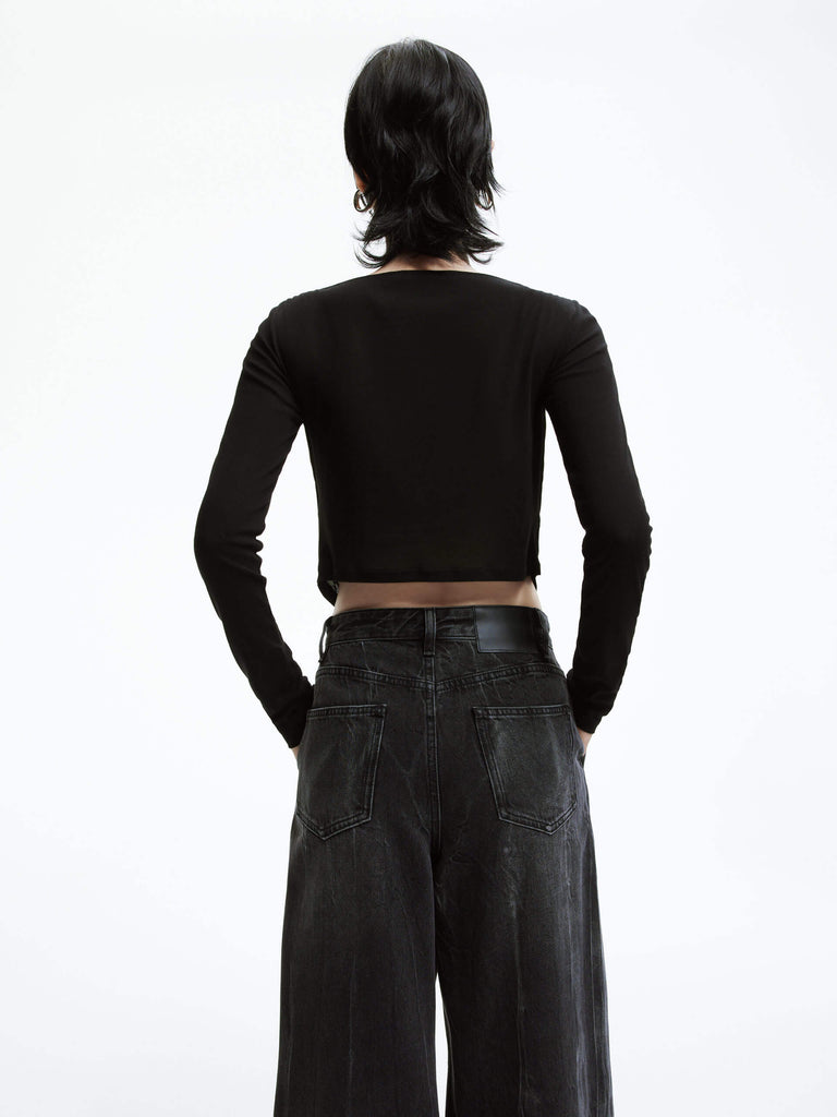 MO&Co. Women's V-neck Long Sleeves Rose Appliquéd Cotton Top Black