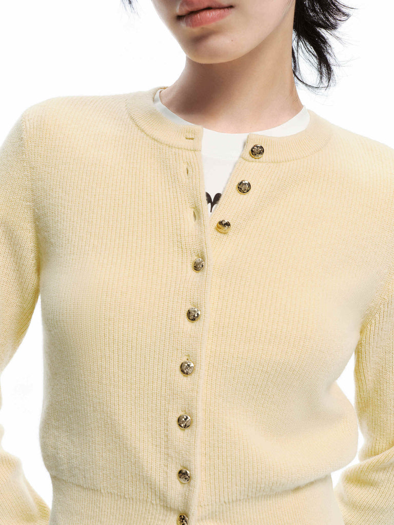 MO&Co. Women's Crew Neck Cardigan Sweater in Wool-Cashmere Timeless Yellow