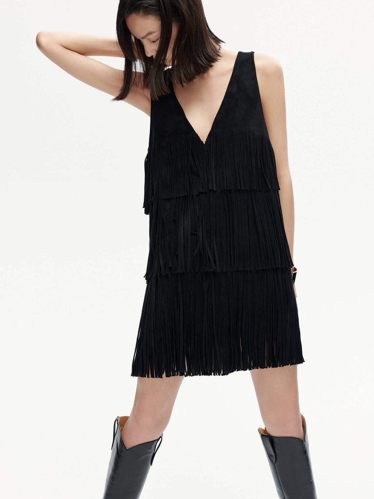 MO&Co. Women's Suede Black Fringed Detail Mini Dress in V neck and Sleeveless