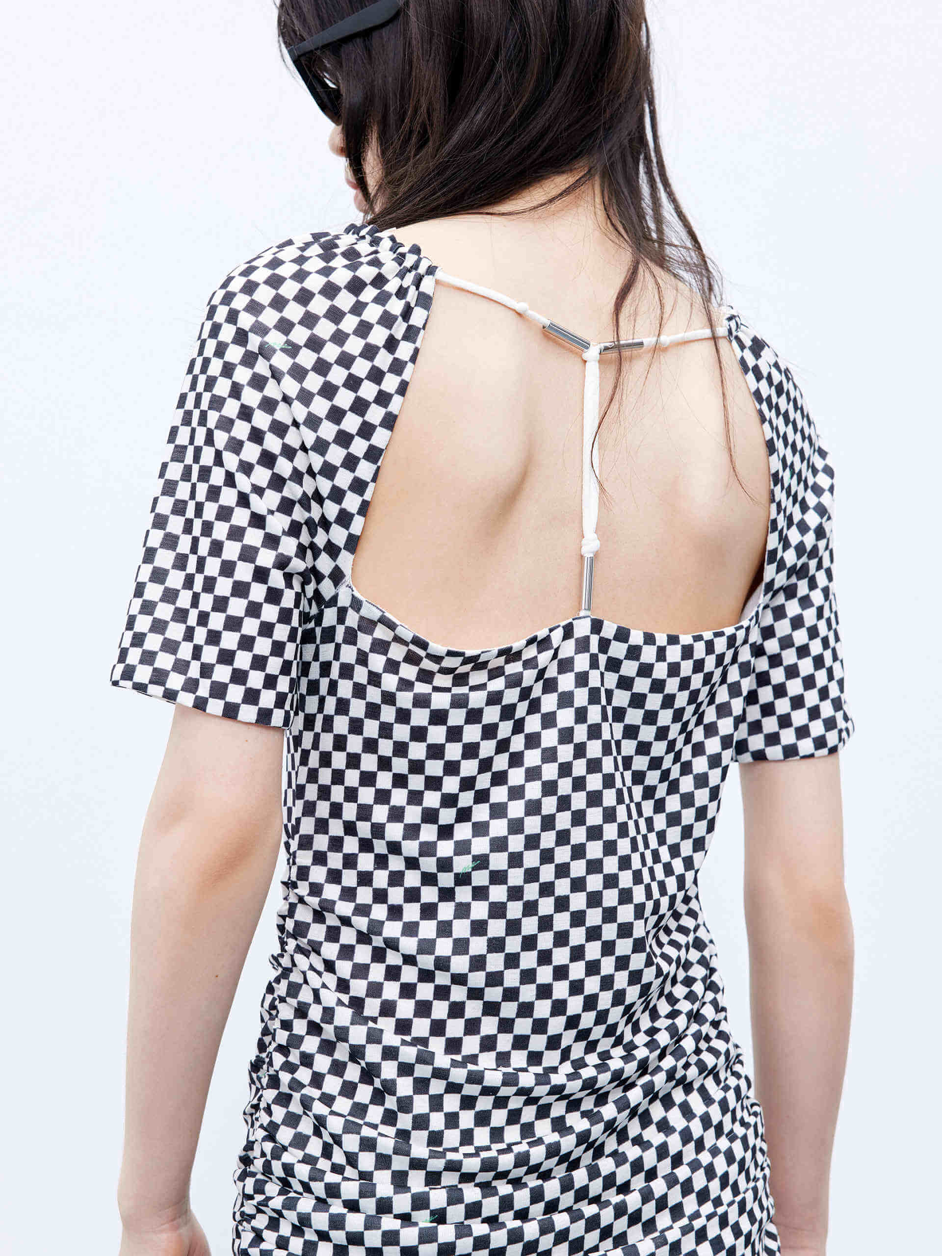 MO&Co. Women's Checkered Open Back Draped Mini Dress