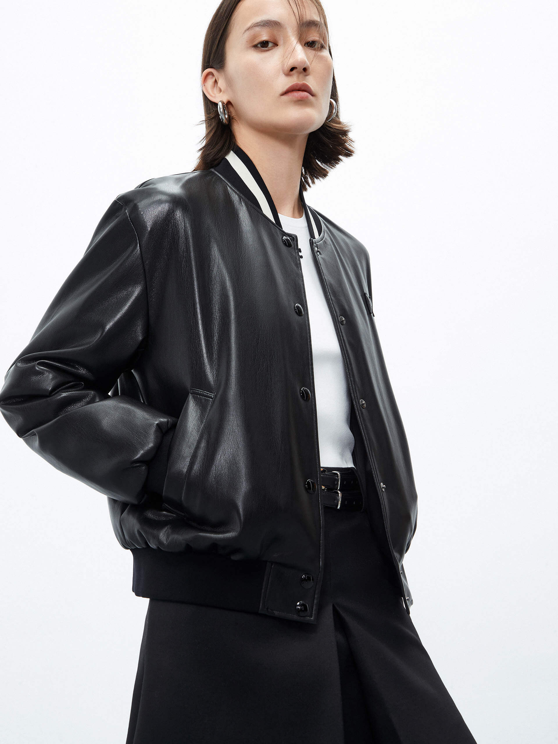 MO&Co. Women's Black Faux Leather Bomber Jacket with Contrast ribbed trims