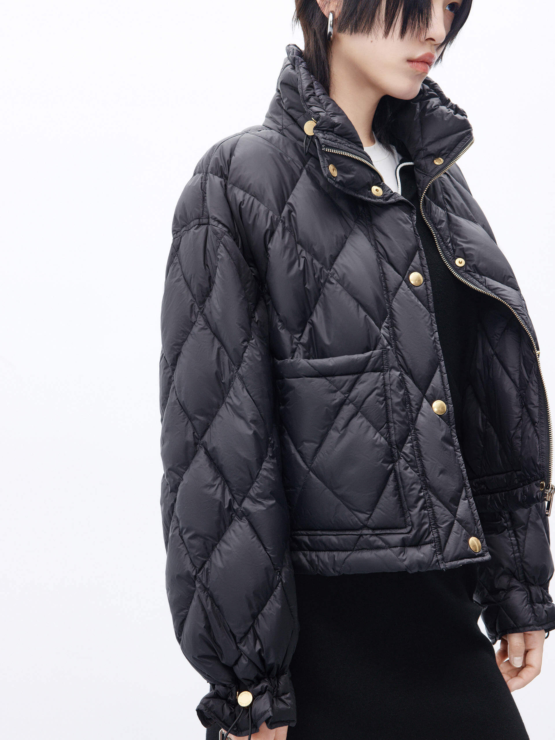 MO&Co. Women's High Neck Quilted Cropped Down Jacket in Black