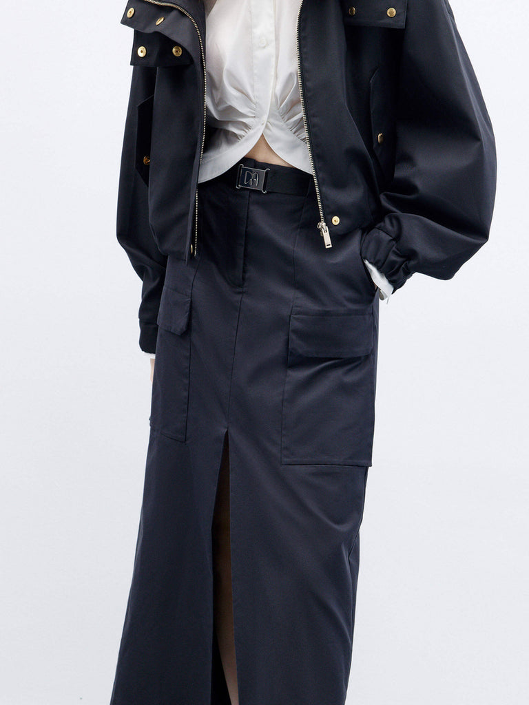 MO&Co. Women's Front Slit Belted Cargo Midi Skirt Urbancore in Black