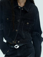 MO&Co. X Coperni Collection | Women's Paneled Open Elbow Black Denim Jacket