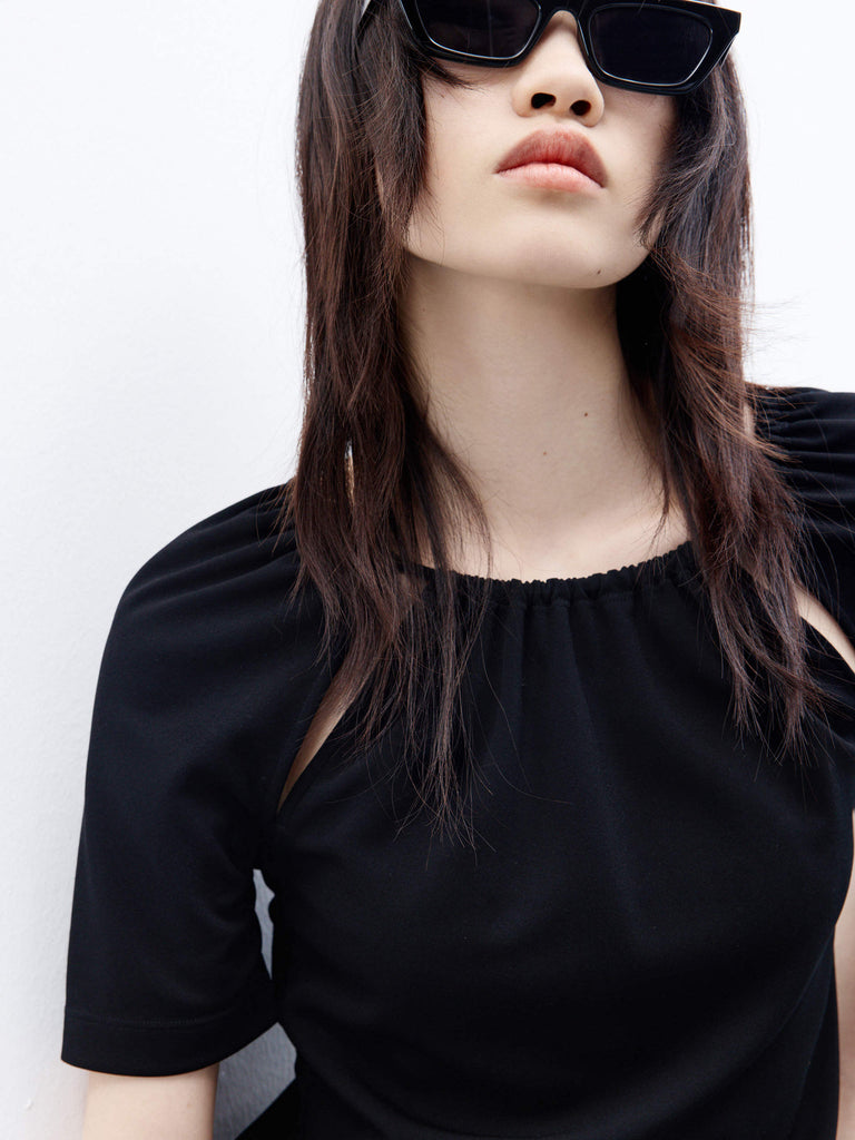 MO&Co. Women's Cut Out Triacetate Blend Slim Fit Blouse in Black