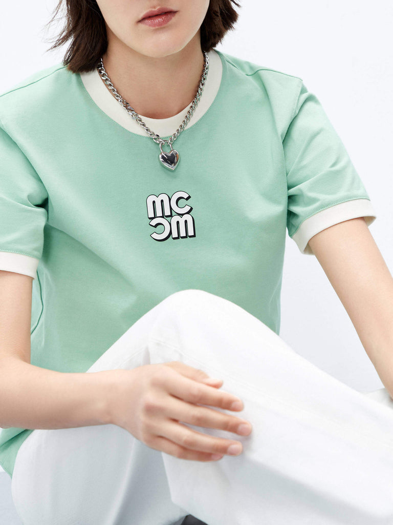 MO&Co. Women's Crew Neck Contrast Trim Regular Cotton T-shirt in Green