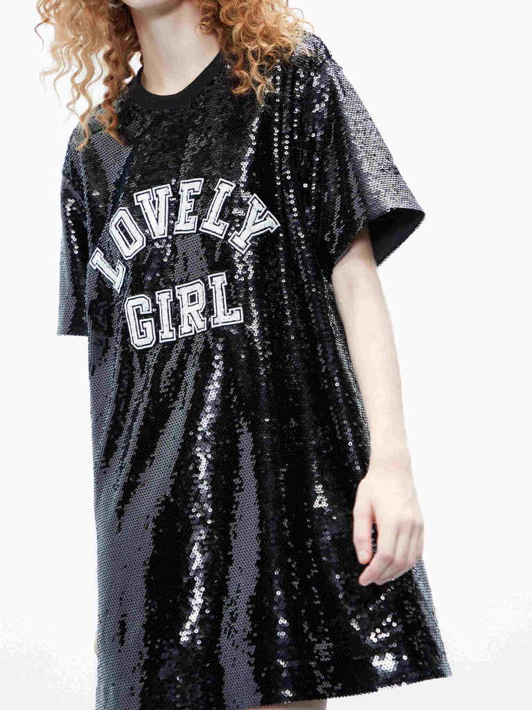MO&Co. Women's Black Sequin T-shirt Party Dress Pullover with Letter