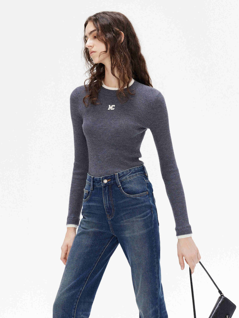 MO&Co. Women's Crew Neck Long Sleeves Ribbed Knit Top Base Layer in Grey