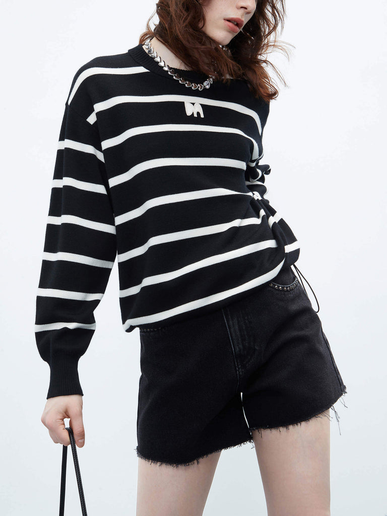 MO&Co. Women's Wool Blend Relaxed Fit Black and White Striped Pullover Sweater