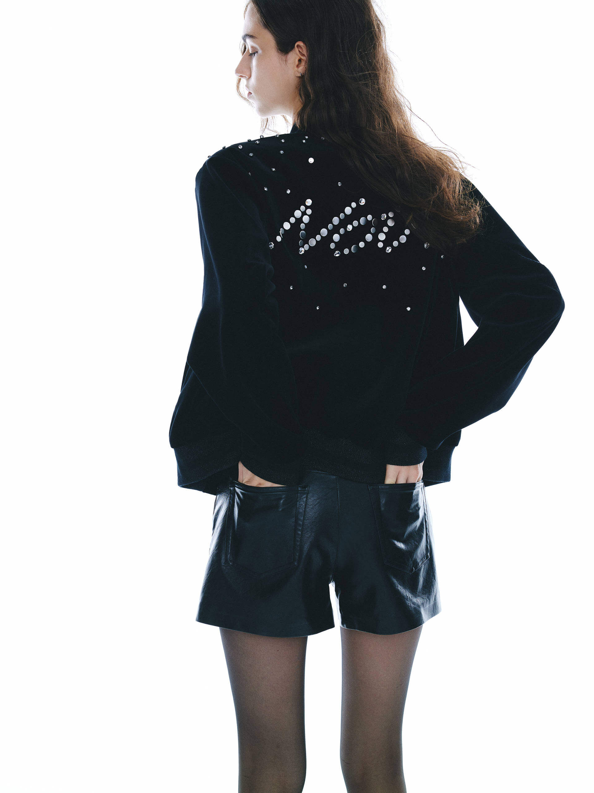 MO&Co. Noir Women's Rhinestone-embellished Cotton Bomber Jacket Black